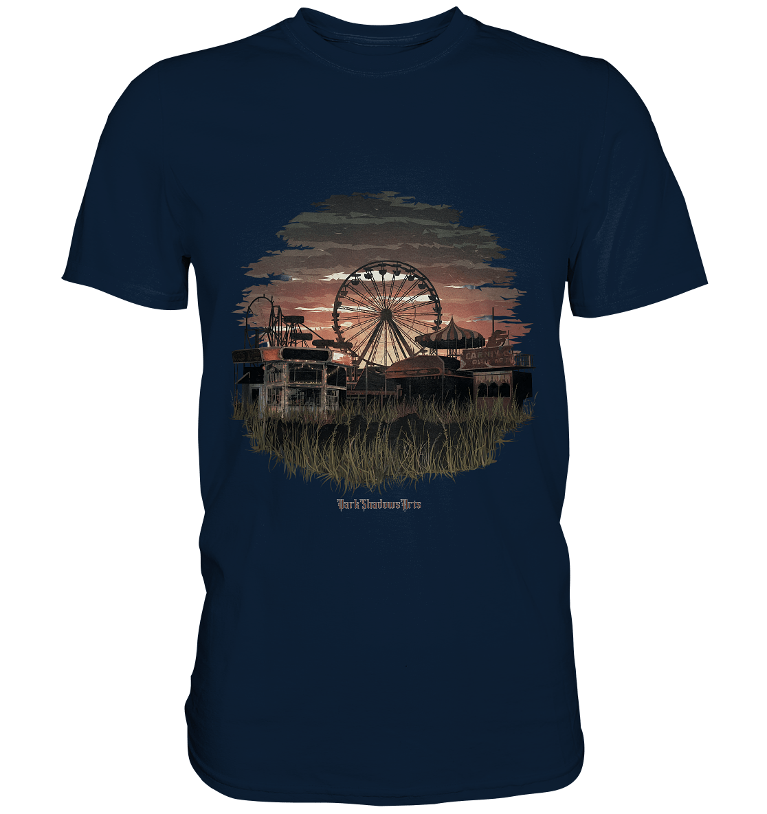 Verlassener Jahrmarkt bei Sonnenuntergang Unheimliches Riesenrad und überwucherter Rasen - Premium Shirt | Unisex - Shirts | Dark Shadows Arts
