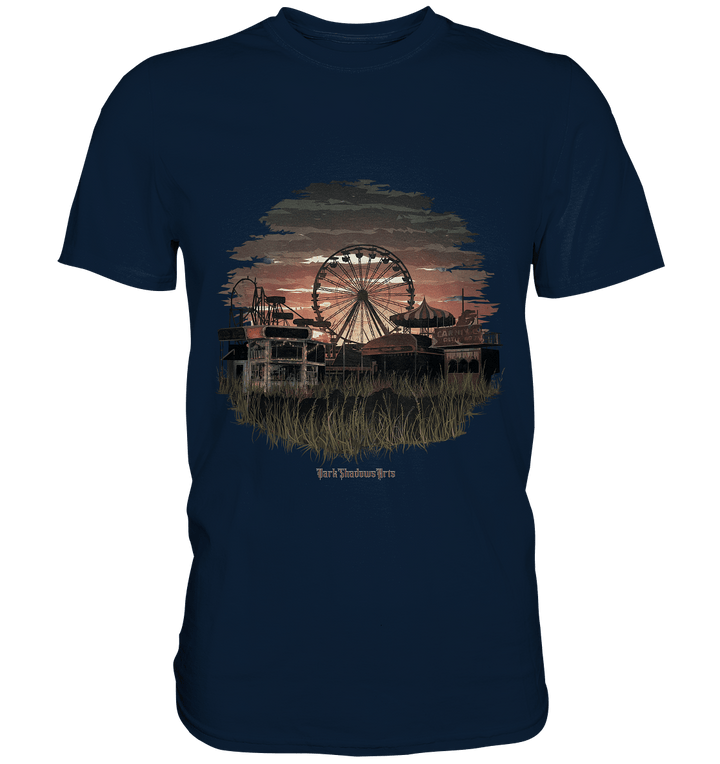 Verlassener Jahrmarkt bei Sonnenuntergang Unheimliches Riesenrad und überwucherter Rasen - Premium Shirt | Unisex - Shirts | Dark Shadows Arts