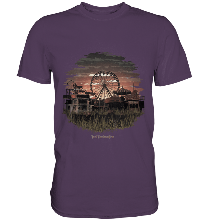Verlassener Jahrmarkt bei Sonnenuntergang Unheimliches Riesenrad und überwucherter Rasen - Premium Shirt | Unisex - Shirts | Dark Shadows Arts
