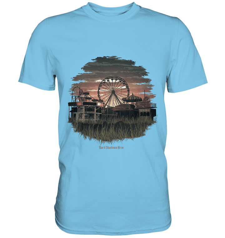 Verlassener Jahrmarkt bei Sonnenuntergang Unheimliches Riesenrad und überwucherter Rasen - Premium Shirt | Unisex - Shirts | Dark Shadows Arts