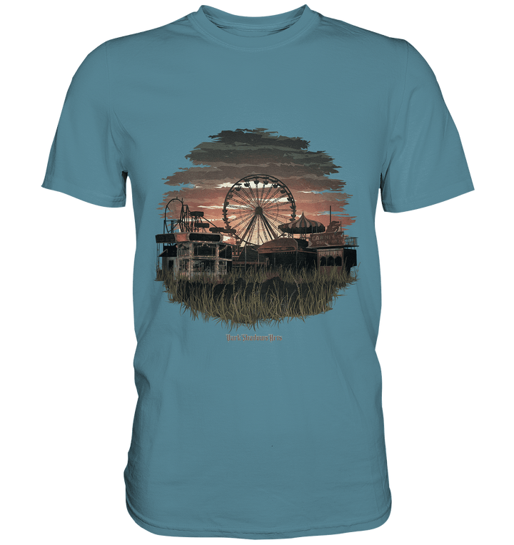Verlassener Jahrmarkt bei Sonnenuntergang Unheimliches Riesenrad und überwucherter Rasen - Premium Shirt | Unisex - Shirts | Dark Shadows Arts
