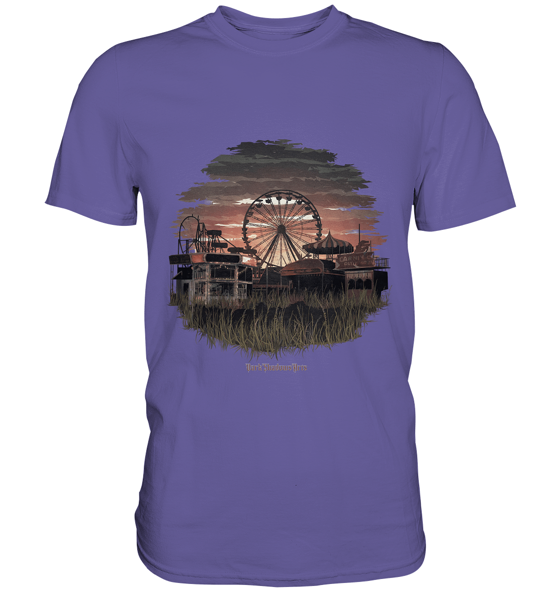Verlassener Jahrmarkt bei Sonnenuntergang Unheimliches Riesenrad und überwucherter Rasen - Premium Shirt | Unisex - Shirts | Dark Shadows Arts