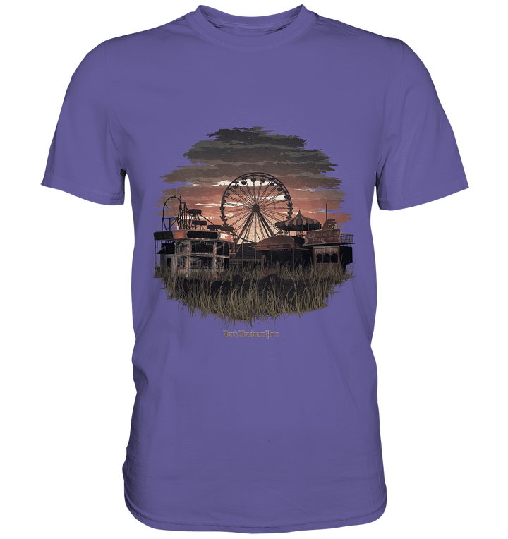 Verlassener Jahrmarkt bei Sonnenuntergang Unheimliches Riesenrad und überwucherter Rasen - Premium Shirt | Unisex - Shirts | Dark Shadows Arts