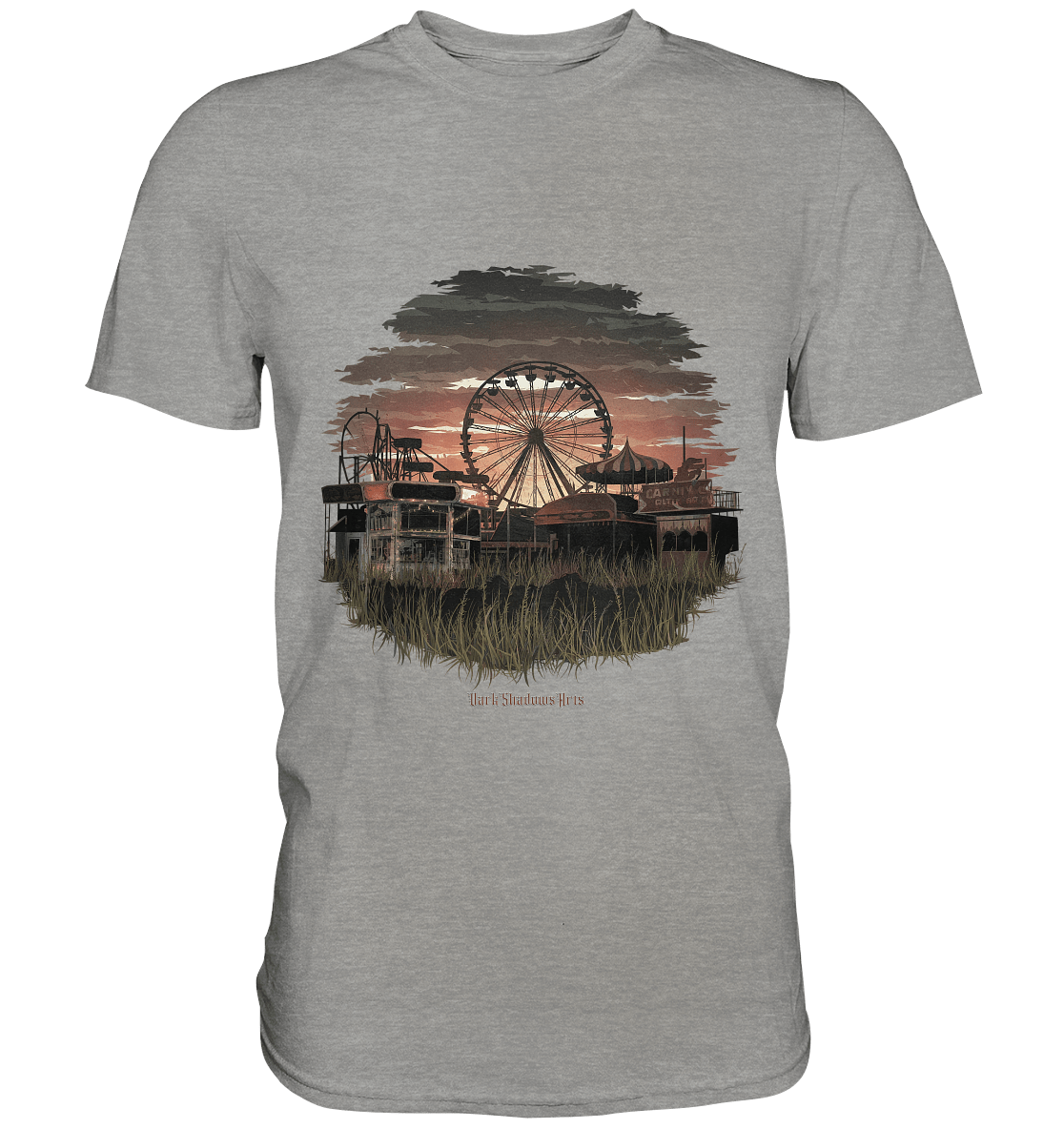 Verlassener Jahrmarkt bei Sonnenuntergang Unheimliches Riesenrad und überwucherter Rasen - Premium Shirt | Unisex - Shirts | Dark Shadows Arts