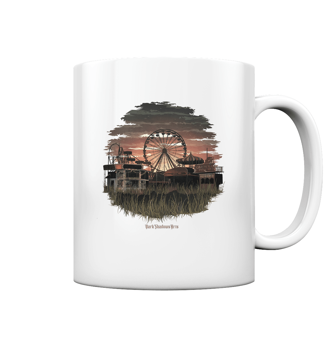 Verlassener Jahrmarkt bei Sonnenuntergang Unheimliches Riesenrad und überwucherter Rasen - Tasse glossy | Trinkgefäße | Dark Shadows Arts