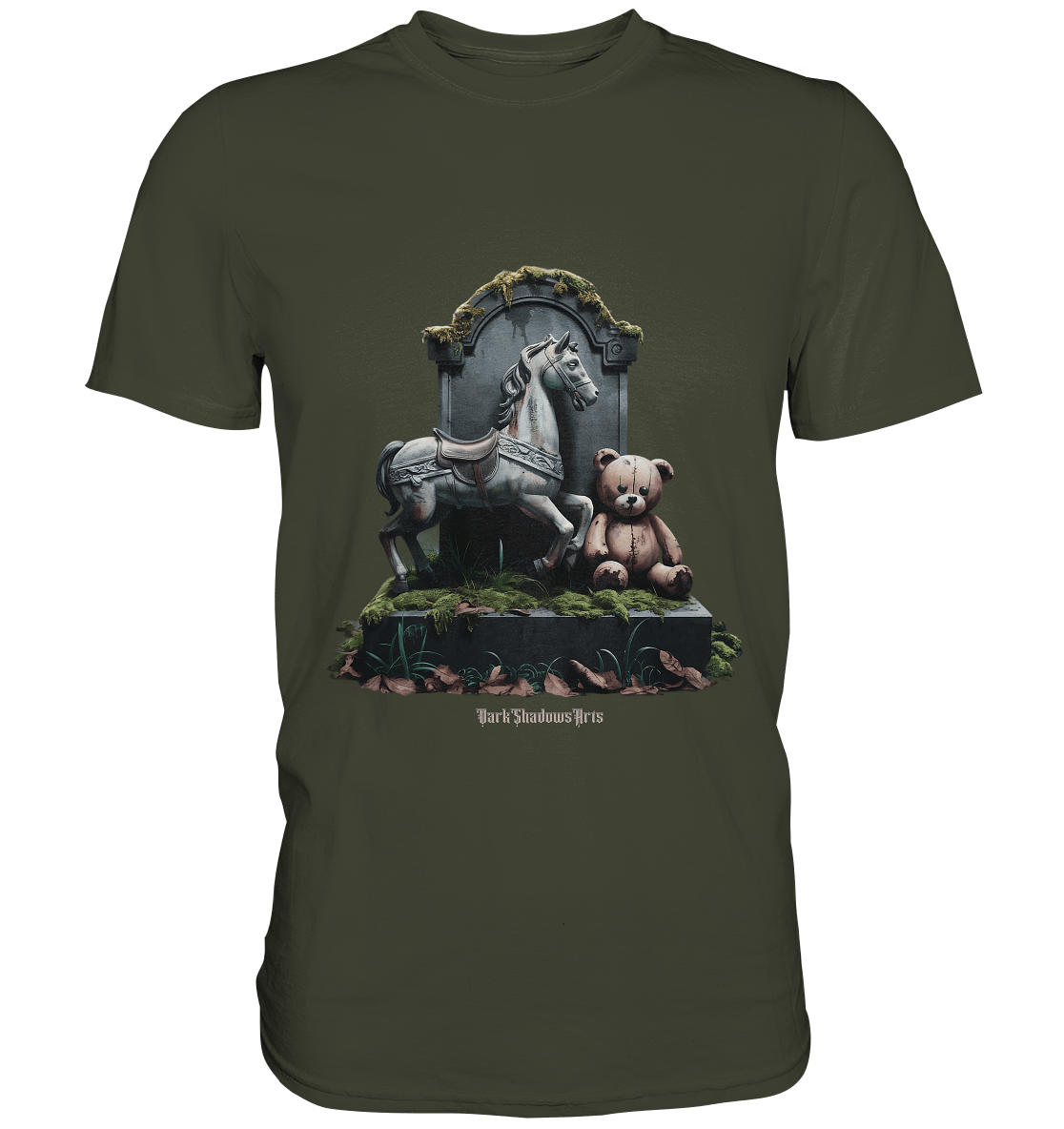 Verwittertes Karussellpferd und Plüschbär - Grabstein im Verfall - Premium Shirt | Unisex - Shirts | Dark Shadows Arts