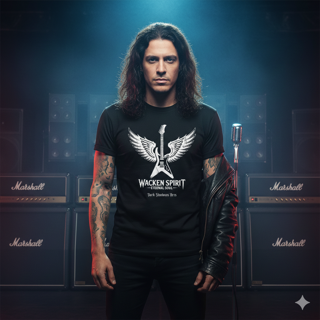 Schwarzes T-Shirt mit Gitarre und Flügeln Motiv, Schriftzug Wacken Spirit Eternal Soul von Dark Shadows Arts
