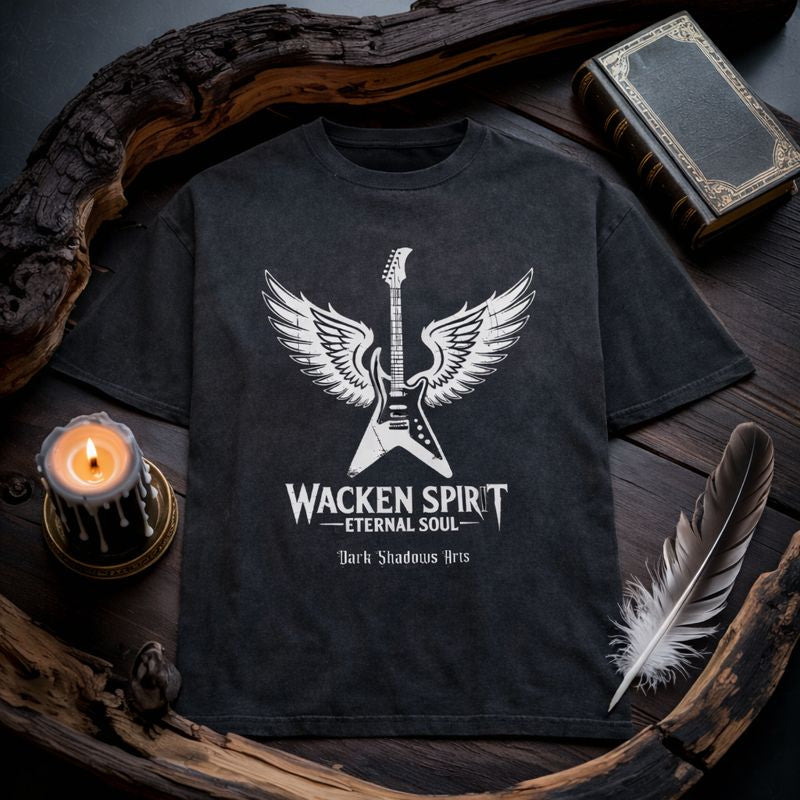 Premium Oversized T-Shirt mit „Wacken Spirit · Eternal Soul“ Gitarren-Flügel-Motiv von Dark Shadows Arts, Metal-Statement Design in dunklem Flatlay-Mockup