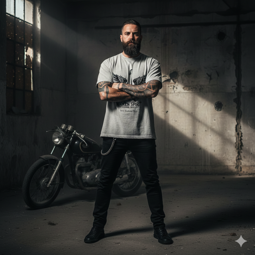 Graues schweres Oversized T-Shirt mit großem Gitarren-Flügel-Motiv und Schriftzug Wacken Spirit von Dark Shadows Arts