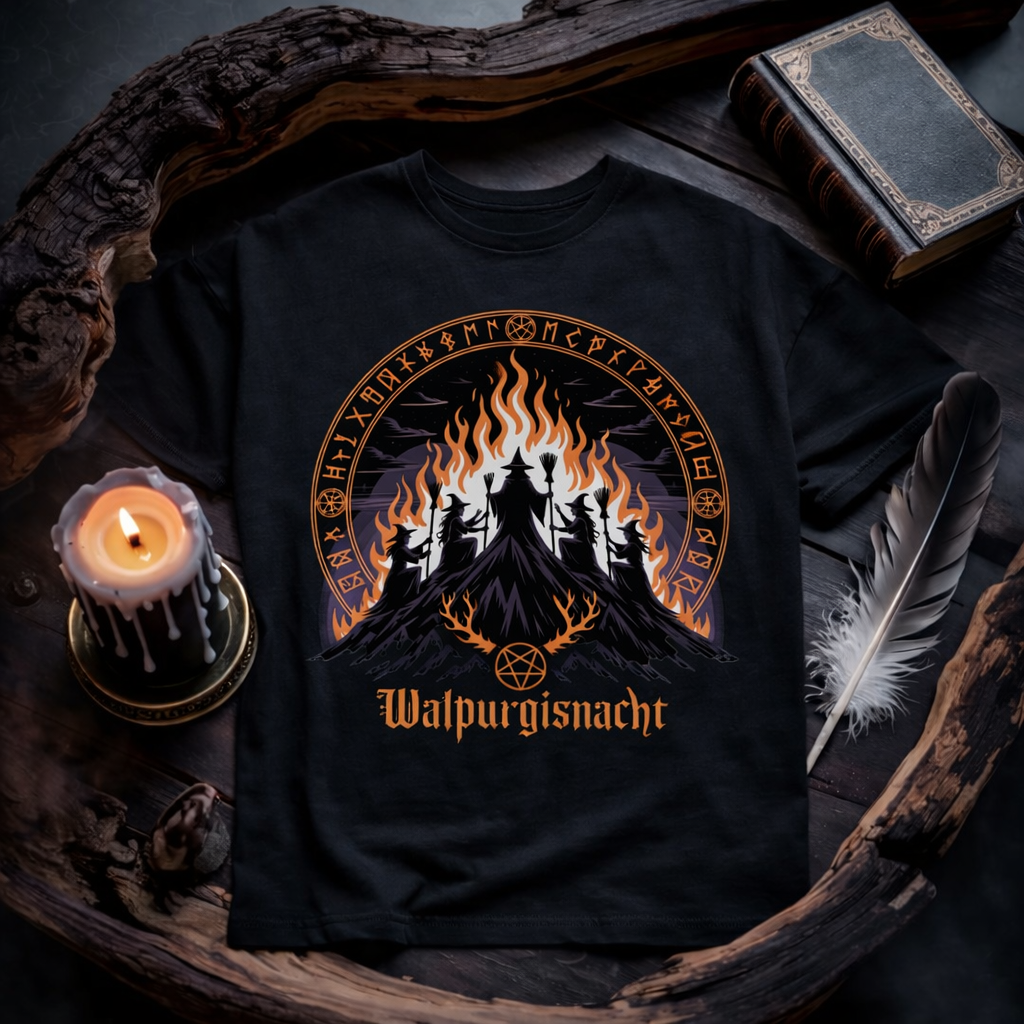 Dark Shadows Arts Walpurgisnacht Coven Heavy Cotton Oversized Shirt mit Hexenritual am brennenden Hexenberg und Runenkreis, okkultes Walpurgisnacht Design in mystischem Candlelight Mockup mit Buch, Feder und Holz