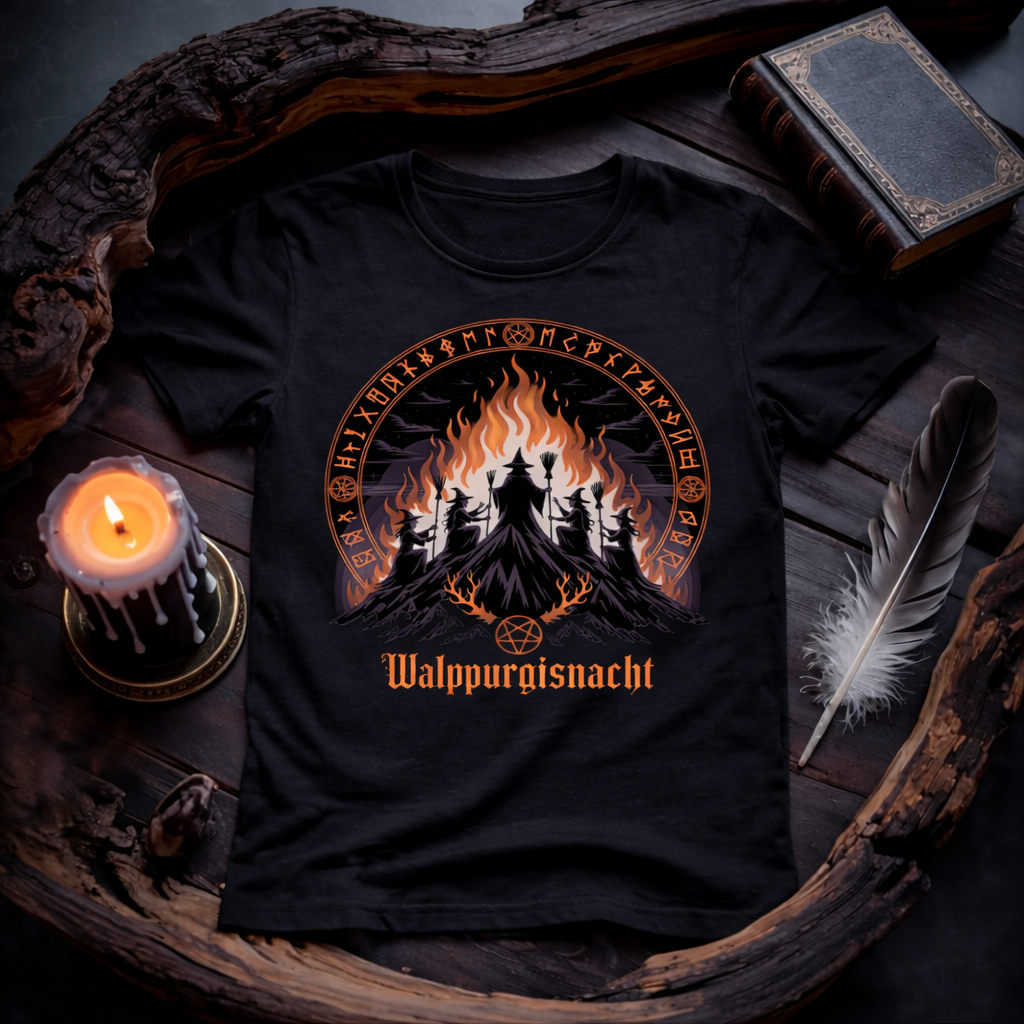 Dark Shadows Arts Walpurgisnacht Coven Premium T-Shirt mit Hexenritual am brennenden Hexenberg, okkultes Runensymbol Design in mystischem Candlelight Mockup mit Buch, Feder und Holz.