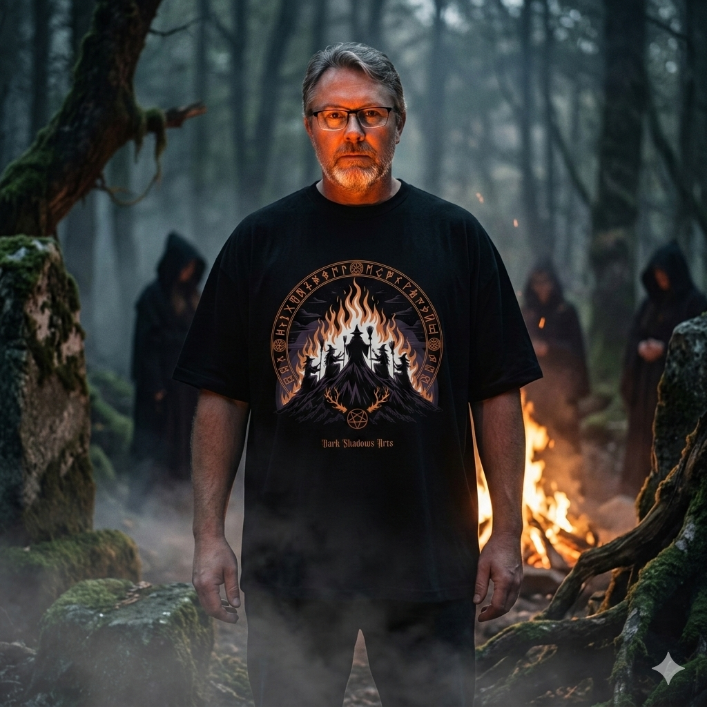 Detailliertes okkultes Design auf einem Oversized Shirt: Hexenzirkel um ein brennendes Pentagramm beim Aufstieg zum Hexenberg