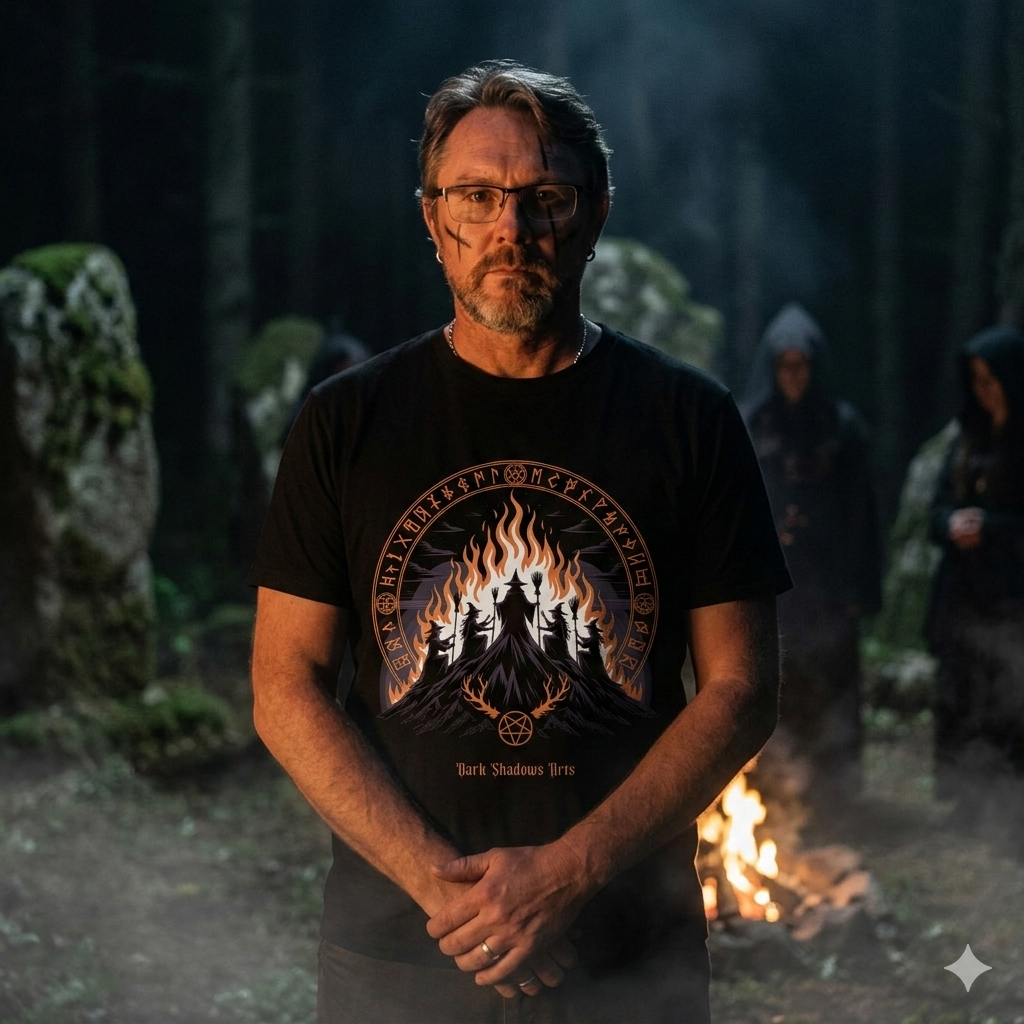 Okkultes Design einer Walpurgisnacht-Szene mit fünf Hexen um ein rituelles Feuer auf einem Premium T-Shirt von Dark Shadows Arts.