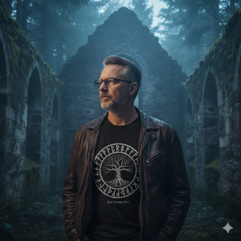 Schwarzes T-Shirt mit großem silbernem Weltenbaum-Siegel, umrahmt von einem nordischen Runenkreis im Ancient-Look.