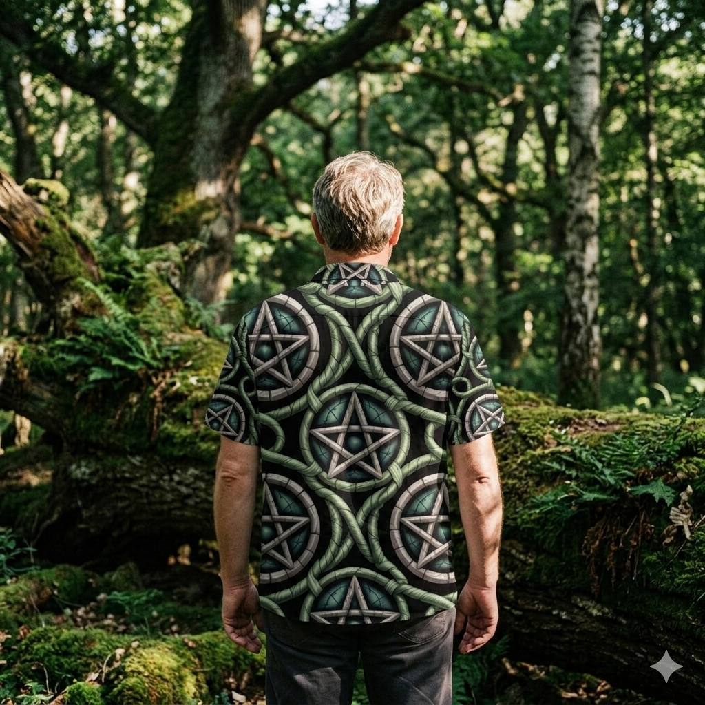 Rückansicht des DSA Hawaii-Hemds mit detailreichem Pentagramm- und Knoten-Alloverprint.