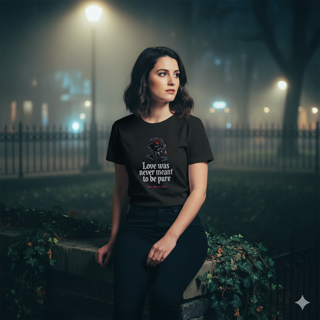 Frau in schwarzem Organic-T-Shirt mit Rosen-Print sitzt nachts auf einer alten Steinmauer, mystisches Licht.