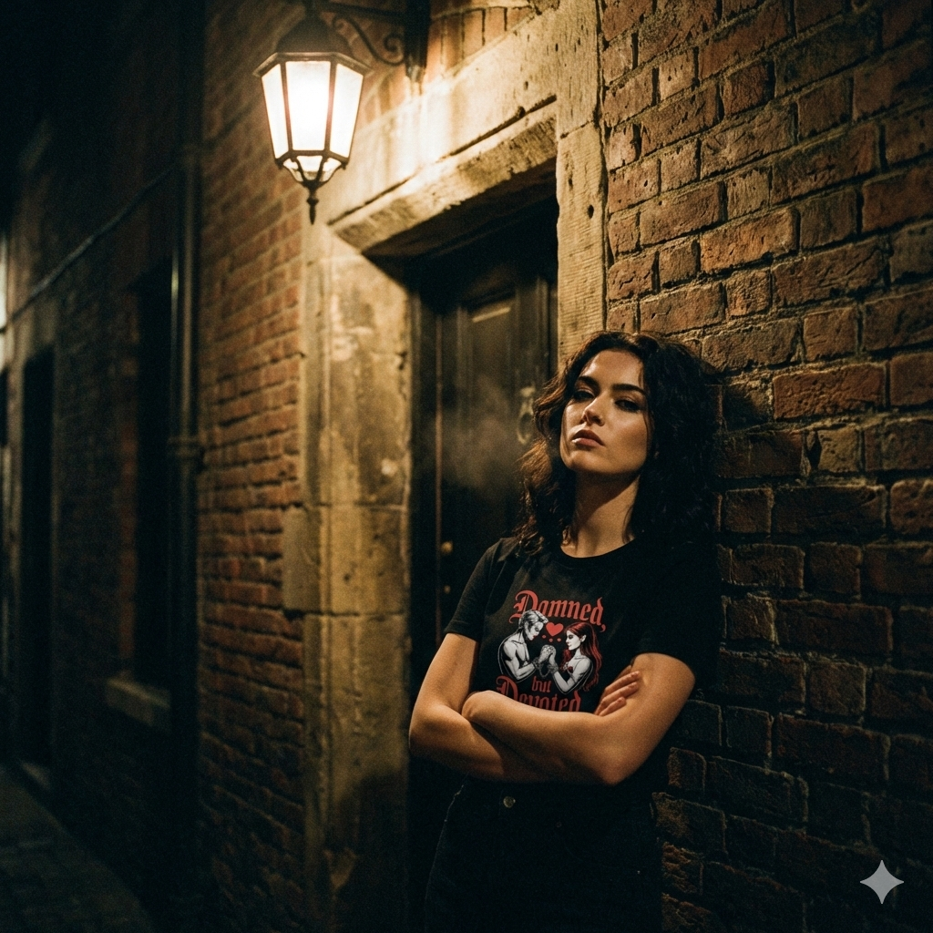 Frau in schwarzem Shirt mit Damned but Devoted Print lehnt nachts an Backsteinwand unter Laterne