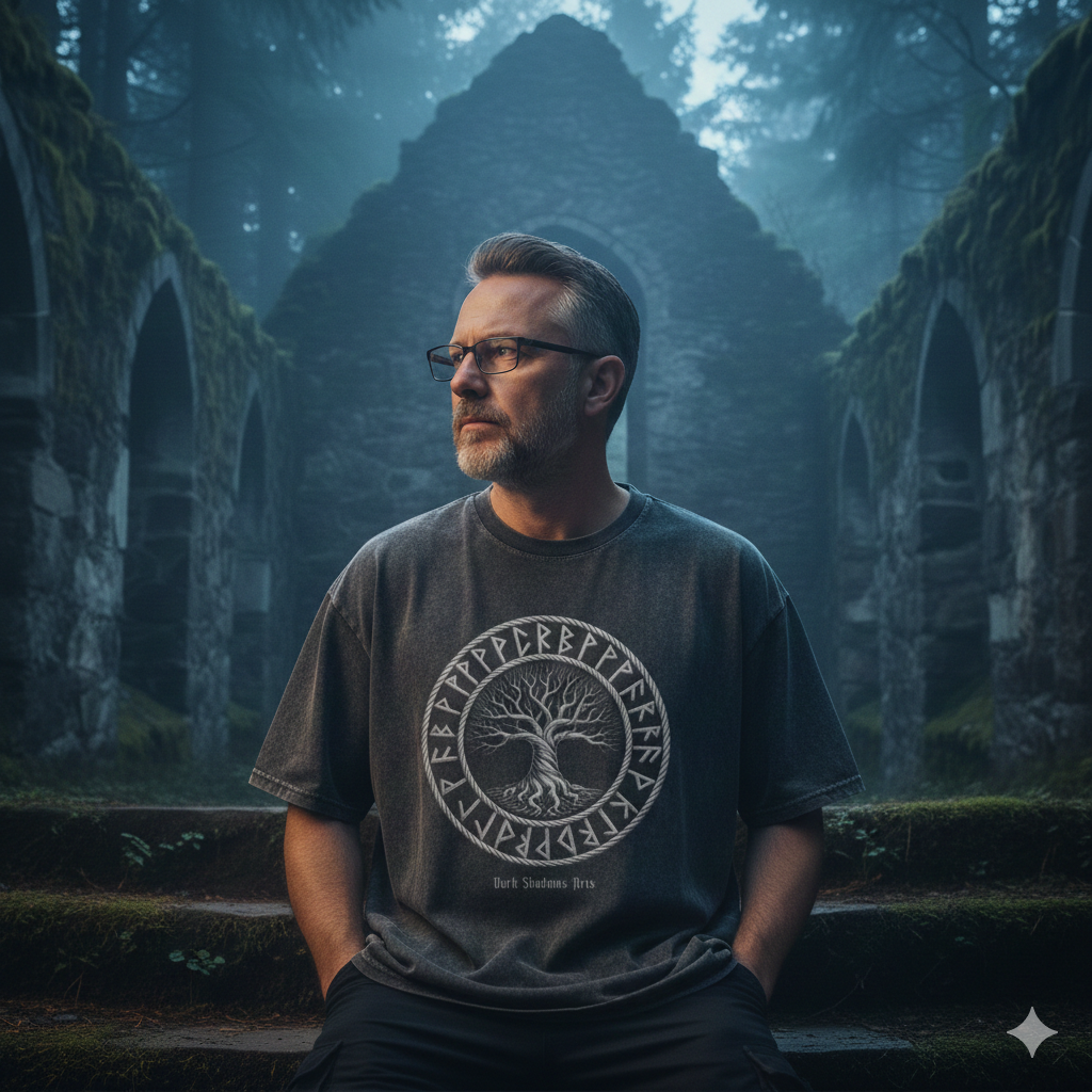 graues Heavy Oversized T-Shirt mit weitem Schnitt und silbernem Weltenbaum-Siegel auf der Brust, getragen in einer düsteren, urbanen Umgebung